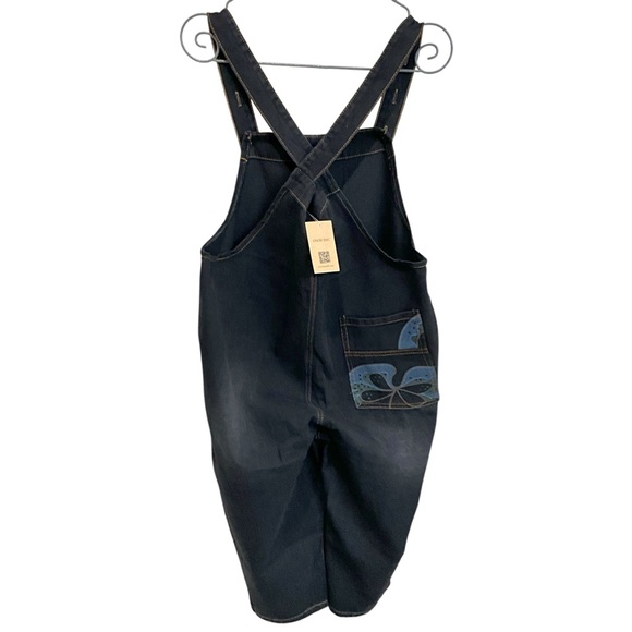 OMYCHIC Flower Club Loose Relaxed Fit Black Denim Overalls Pockets - Picture 8 of 13